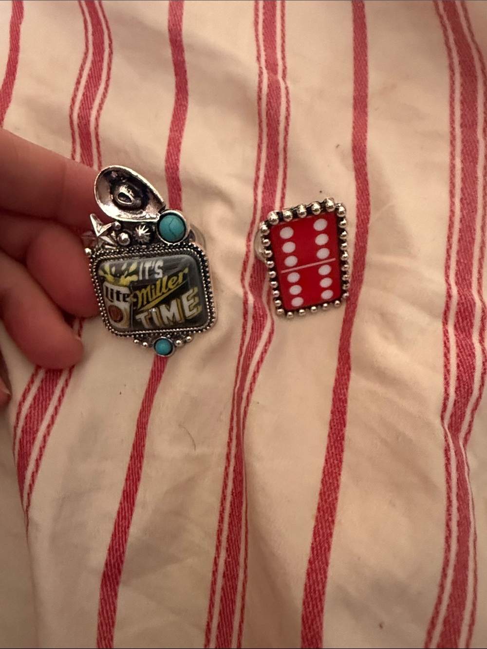 Novelty Silver Tone Rings with Turquoise Accents and Red Domino Inlay